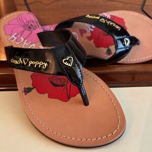 Coach Poppy Michele Black Patent Flip Flops with Gold Logo